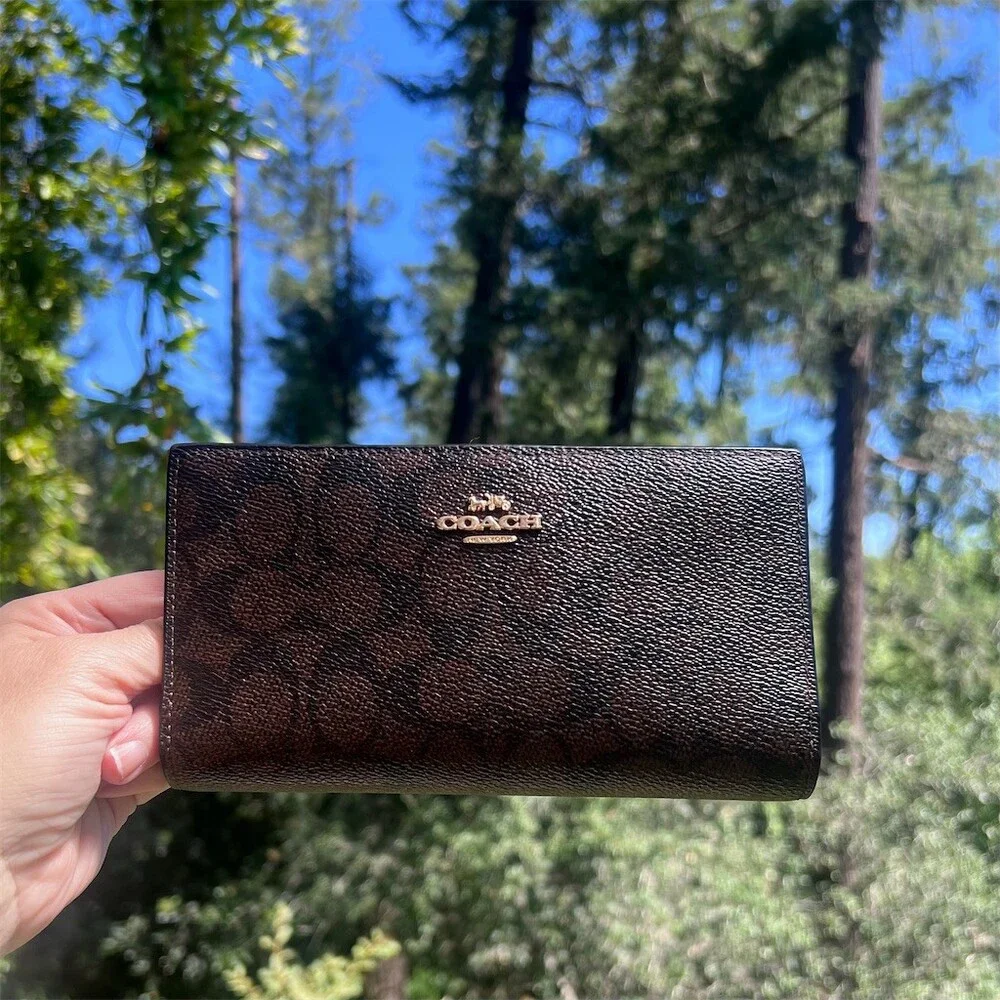 COACH Signature Canvas Bifold Wallet BLACK/BROWN with Gold Hardware AUTHENTIC
